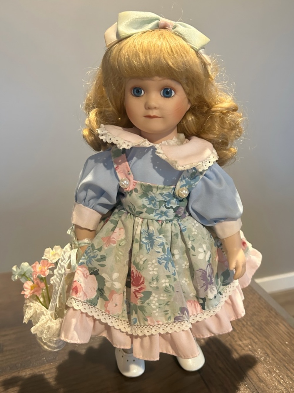 Blue and Pink Floral Dress Porcelain Girl Doll